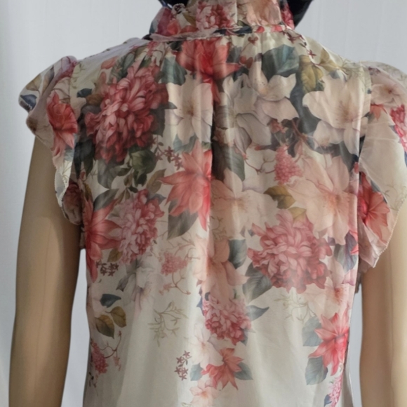 2/30$ Autres Filles Floral Chiffon Blouse Pink & Cream Ruffle Sleeves Top,Size S - Picture 5 of 12